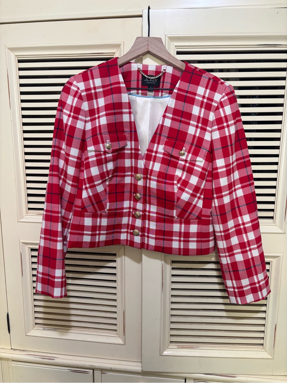 J. Crew Red and White Plaid Cropped Blazer